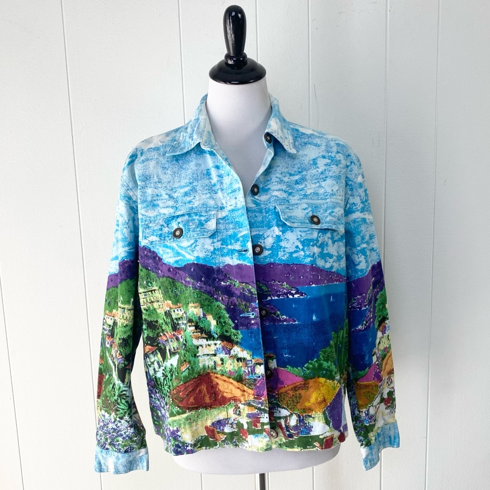 Drapers & Damons Jacket Size PL Watercolor Art To Wear Beaded Coat Italy‎ Amalfi